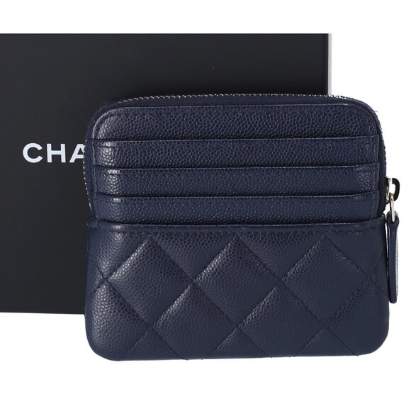 Chanel Caviar Quilted Crystal Zip Card Holder Wallet Navy - Picture 2 of 5